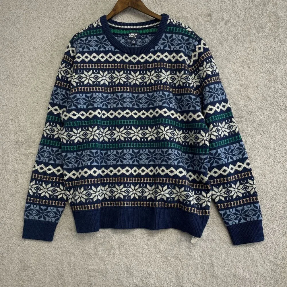NEW Lands' End Men's XL Cotton Blend Snowflake Sweater Crewneck
